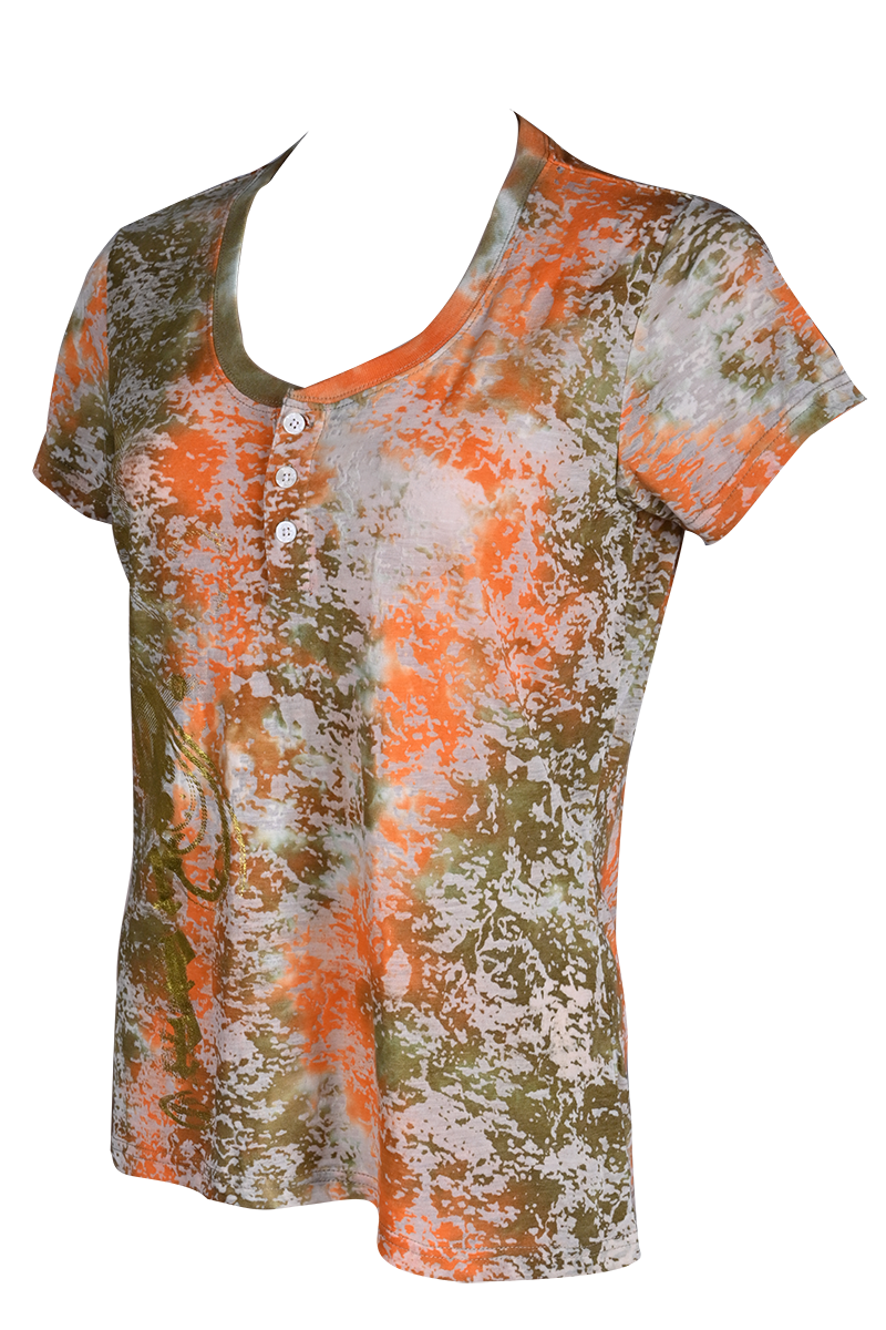 Women's Burnout Henley with Tie Dye and Foil Print